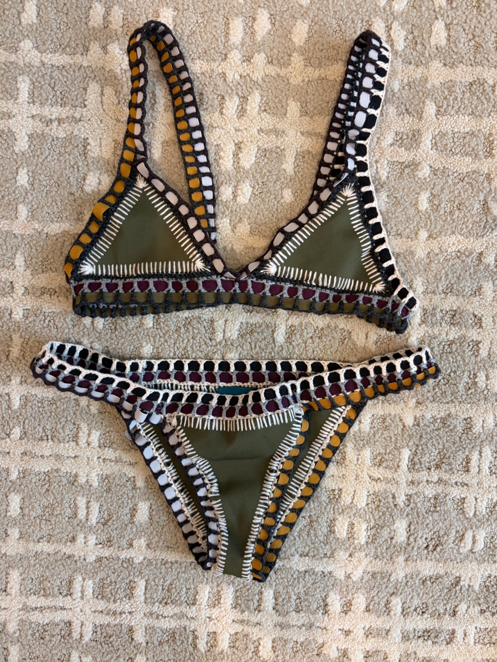 KIINI Olive Green Crochet-Trim Bikini with Maroon & Mustard Accents